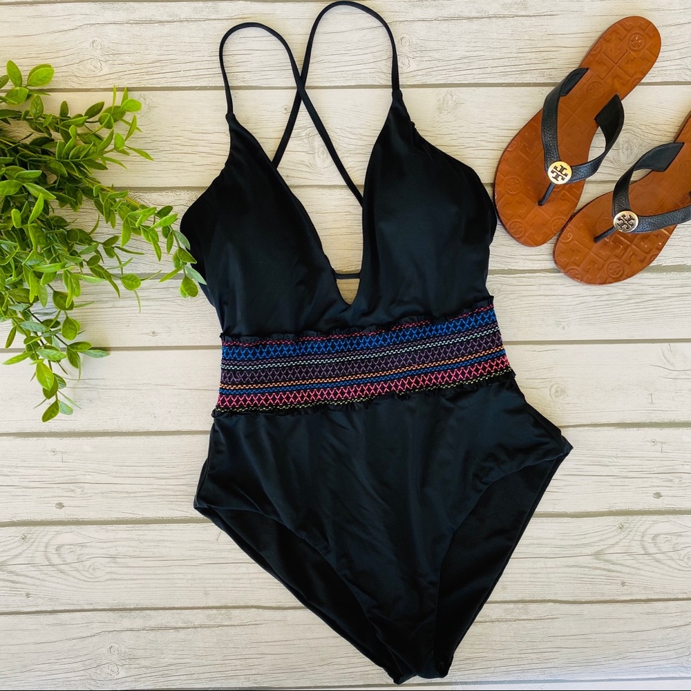Bar III Smocked Plunging One-Piece Swimsuit